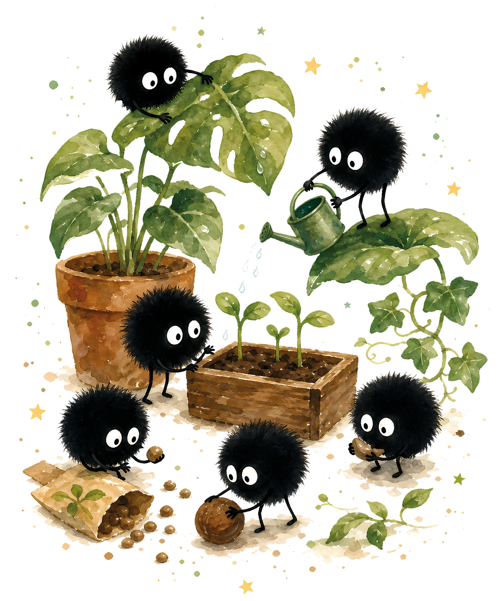 Susuwatari Little Soot Sprites Little Soot Balls in the garden