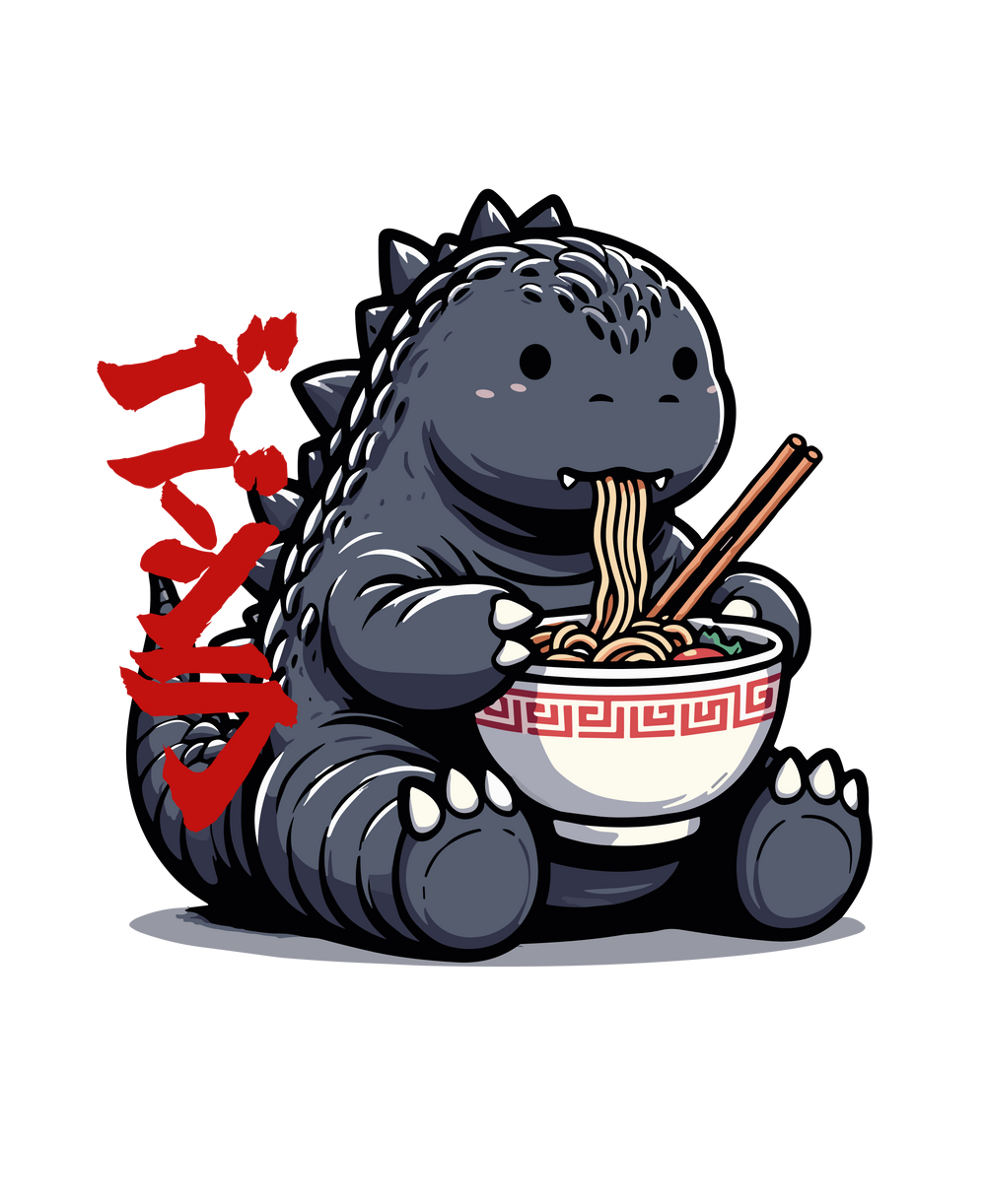 cute Godzilla eating ramen