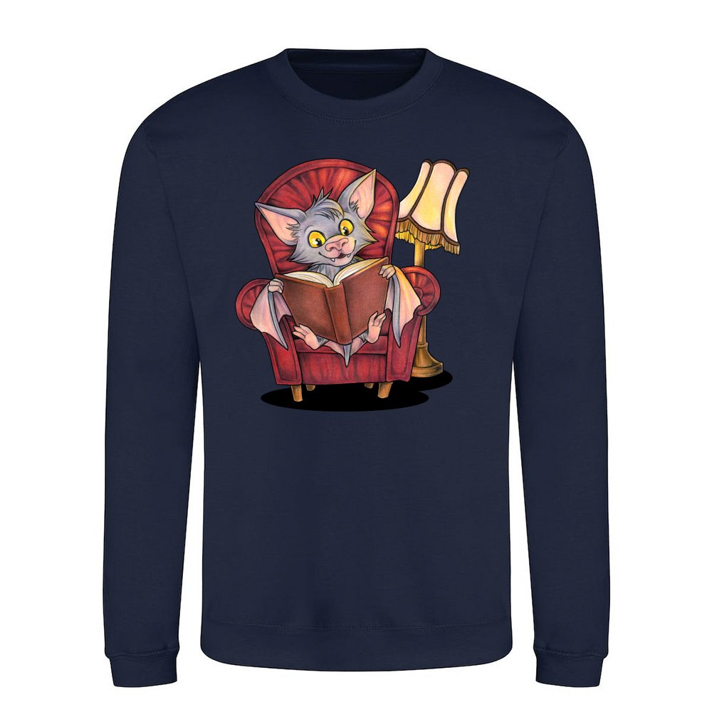 Cute reading bat with book in armchair