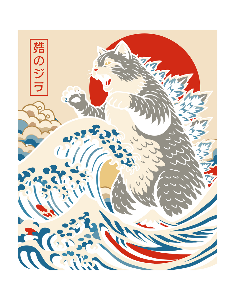 Catzilla The Great Wave Japanese Retro Kaiju Cat Graphic