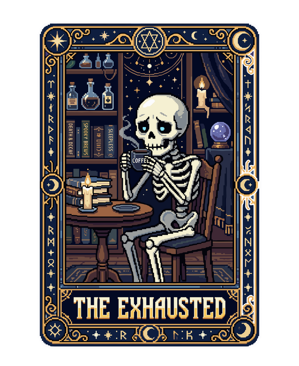 The Exhausted Retro Skeleton Coffee Tarot Card Pixel Art