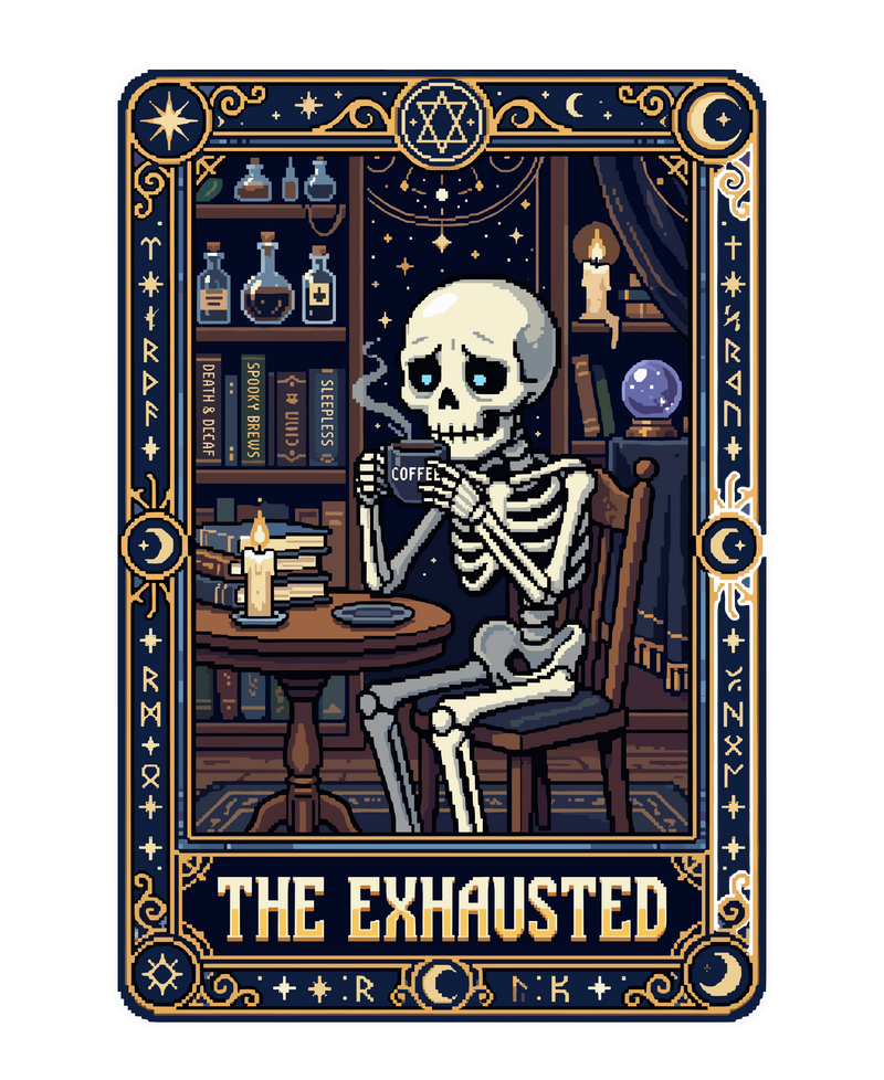 The Exhausted Retro Skeleton Coffee Tarot Card Pixel Art
