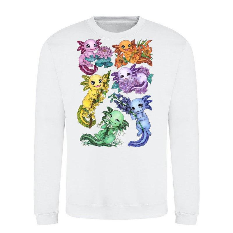 Funny colorful rainbow axolotl with flowers
