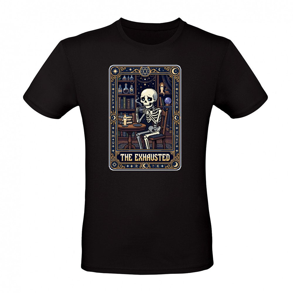 The Exhausted Retro Skeleton Coffee Tarot Card Pixel Art