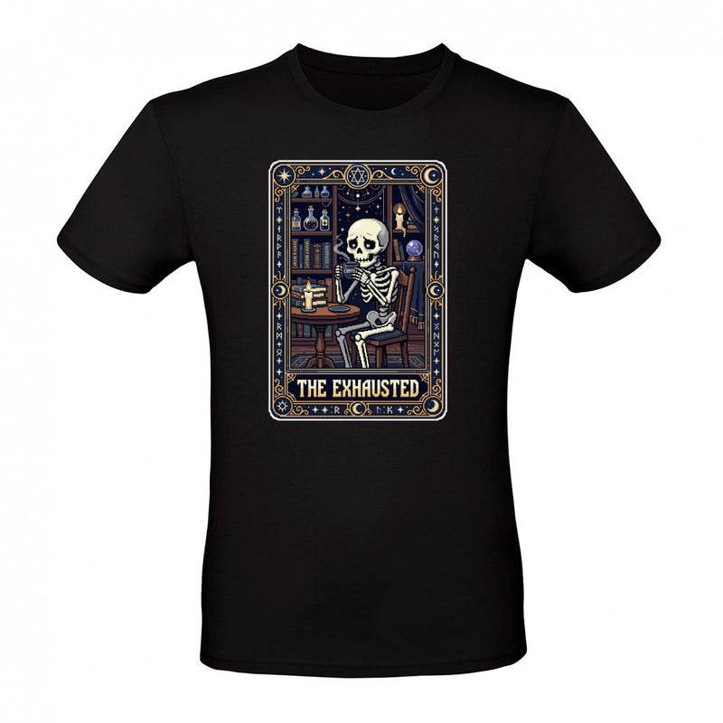 The Exhausted Retro Skeleton Coffee Tarot Card Pixel Art als T-Shirt
