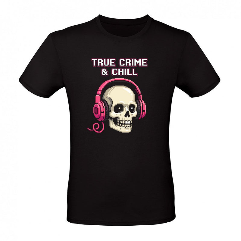 True Crime and Chill Skull with Pink Headphones Pixel Art als T-Shirt