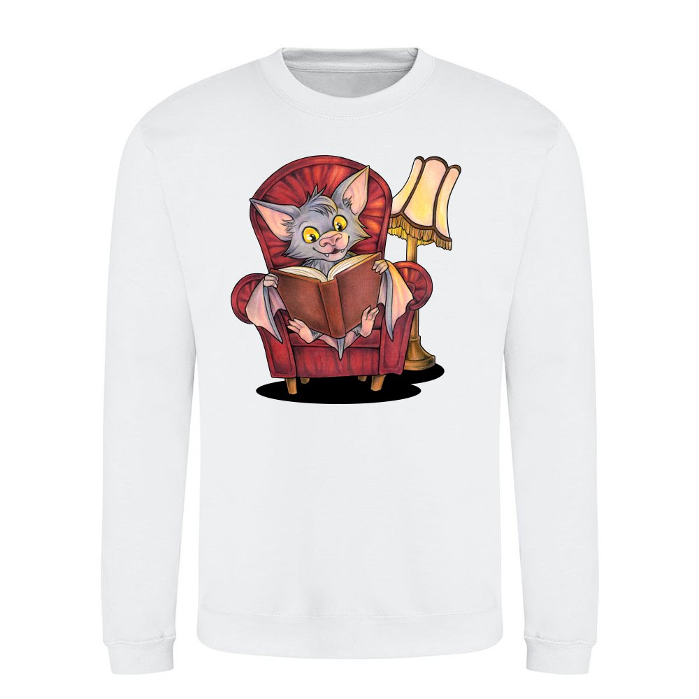 Cute reading bat with book in armchair