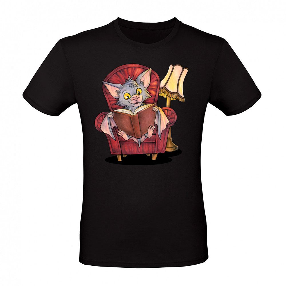 Cute reading bat with book in armchair
