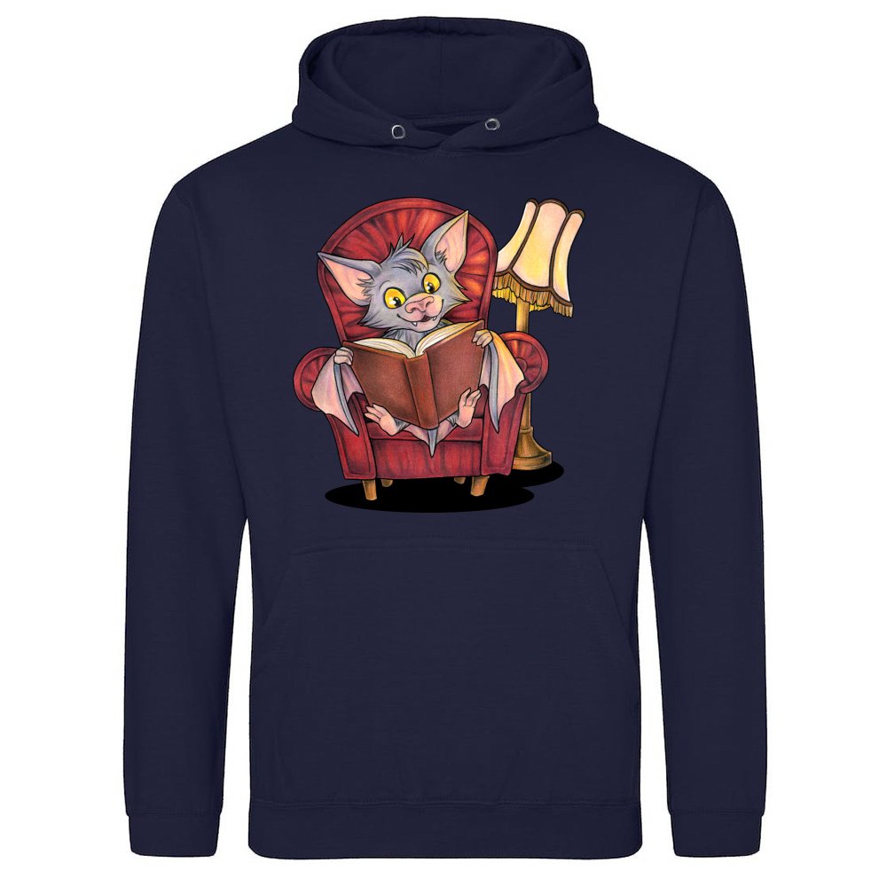 Cute reading bat with book in armchair